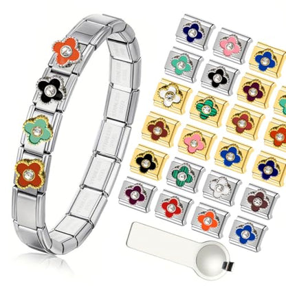 Italian Charms Bracelet Sets Heart Brascelet,18 of Charms and Opening Tools (8 Random Pattern and 10 Blank Modules) - style: Clover-Diamond