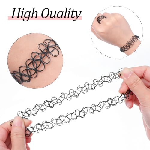 18 Pcs 90s Tattoo Choker Necklace, Bracelet & Ring Set Stretch Gothic Black Lace Vampire Accessories Retro Grunge Aesthetic Tattoo Effect Jewelry Accessories for Women - color: Black