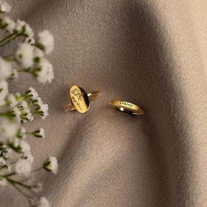 MignonandMignon Birth Flower Ring, Birth Flower Signet Rings | Choose a poppy ring or lily ring, laser engraved on tarnish-resistant stainless steel with gold or silver plating.