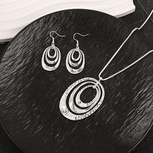 3 Circles Silver Hoop Earrings Necklace Set for Women Geometric Jewelry Set | 925 Silver Hypoallergenic Small Hoop Circle Geometry Textured Finish Minimalist Style Comfortable Wear - style: Silver Three Hoops