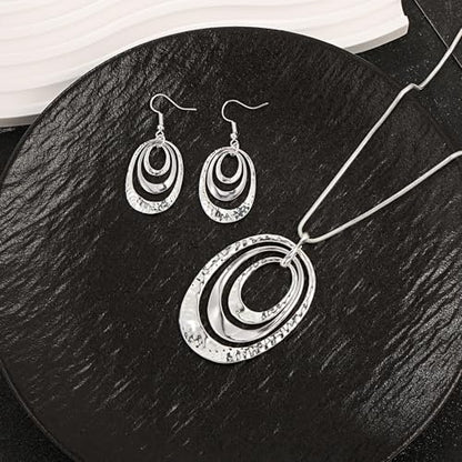 3 Circles Silver Hoop Earrings Necklace Set for Women Geometric Jewelry Set | 925 Silver Hypoallergenic Small Hoop Circle Geometry Textured Finish Minimalist Style Comfortable Wear - style: Silver Three Hoops
