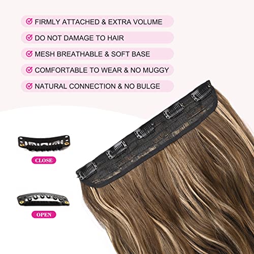 REECHO 20" 1-pack 3/4 Full Head Curly Wave Clips in on Synthetic Hair Extensions HE008 Hair pieces for Women 5 Clips 4.5 Oz Per Piece - Chocolate Brown with Blonde Highlights - color: Chocolate Brown with Blonde Highlights, size: 20 Inch (Pack of 1)