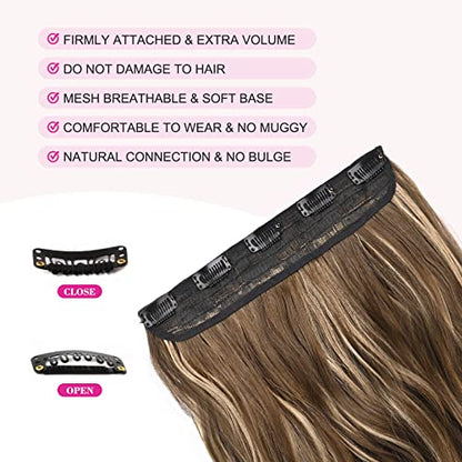 REECHO 20" 1-pack 3/4 Full Head Curly Wave Clips in on Synthetic Hair Extensions HE008 Hair pieces for Women 5 Clips 4.5 Oz Per Piece - Chocolate Brown with Blonde Highlights - color: Chocolate Brown with Blonde Highlights, size: 20 Inch (Pack of 1)
