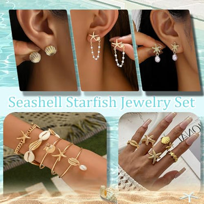 Seashell Starfish Jewelry Set for Women Ocean Vacation Accessories Layered Charm Necklace Bracelets Earrings Rings Anklet Summer Beach Jewelry Gifts - style: Style:Gold Ocean B