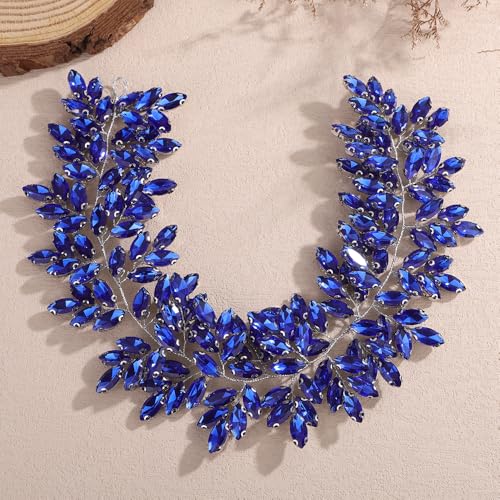 Missgrace Women Silver Green Black Red Blue Handmade Full Crystal Rhinestone Large Headband Hair Vine Shinny Headpiece Bridal Wedding Hair Accessories for Women (Blue) - color: Blue