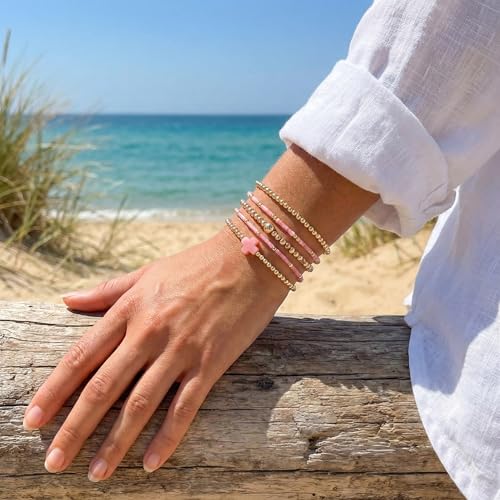 Gold Bracelets for Women, Beaded Cross Stack, Non Tarnish Set，Set-1 | Gold Beaded Bracelet Stack with Stretch Fit, Waterproof Finish and Dainty Design for Everyday Wear and Gifts - color: Colors-9