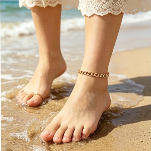 Ankle Bracelets for Women Adjustable 18k Plated Gold Anklets Water Proof Stainless Steel Cuban Link Anklet Chains Beachy Womens Big ankles Anklet Fashion Accessories (silver) - color: Gold