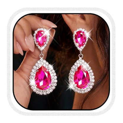 Unicra Silver Rhinestone Teardrop Earrings Crystal Wedding Bridal Dangle Earrings Prom Drop Earrings for Women and Brides - color: Hot Red