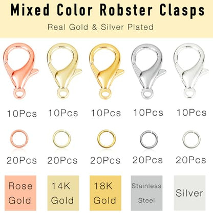 150Pcs Fadeless Lobster Claw Clasps (10mm) & Jump Rings for Jewelry Making, Necklace Bracelet Findings & Supplies (Mixed Color) - color: Mixed Color