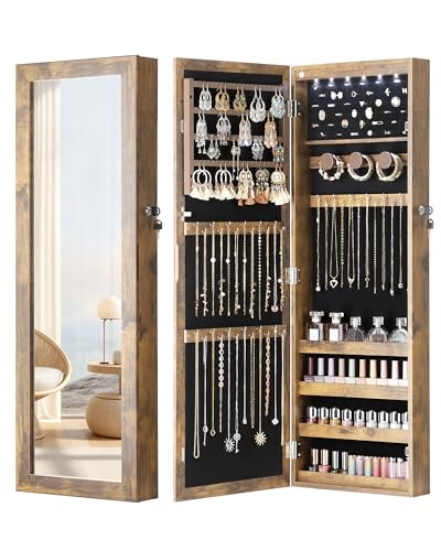 6 LEDs Mirror Jewelry Cabinet, Wall/Door Mounted,Rustic Brown | Lockable Mirror with Jewelry Storage, Over the Door Jewelry Organizer, Gift Idea, Easy Assembly, Auto-on Light - color: Rustic Brown