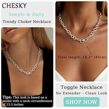 CHESKY 14K Gold Plated Chunky Necklace for Women, Trendy Toggle Clasp | Statement Pendant Necklace, Layered Paperclip Chain, Toggle Clasp Design, Thick Gold Chain, Non Tarnish Everyday Jewelry - color: silver, style: paperclip