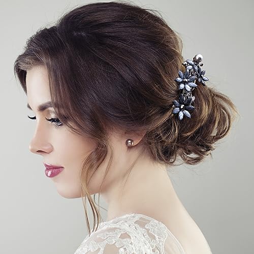 Joez Wonderful 2pcs Bridal Rhinestone Hair Clips Barrettes for Women, Blue | Alloy, 2.59x1.38in, Sparkly, Vintage, Diamond Barrettes with Pearls, Blue Flower, for Wedding, Parties, Birthday
