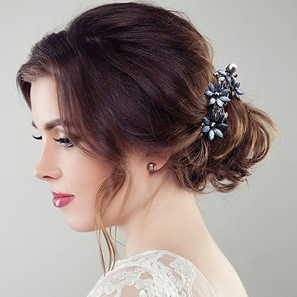 Joez Wonderful 2pcs Bridal Rhinestone Hair Clips Barrettes for Women, Blue | Alloy, 2.59x1.38in, Sparkly, Vintage, Diamond Barrettes with Pearls, Blue Flower, for Wedding, Parties, Birthday
