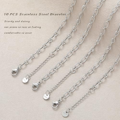 10 PCS Bracelets for Women Stainless Steel Chain Link Bracelet Set | 6.7 Inches with Extender, Jewelry Gifts for DIY, Chains Bulk, Oval, Curb, Figaro Chains, 18K Gold Plated, Silver, Chunky - color: Cable Silver
