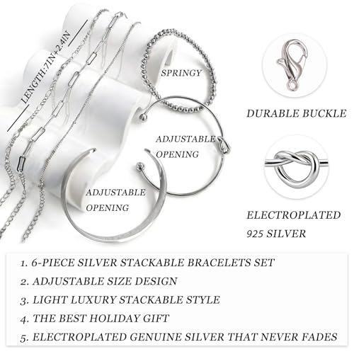 6Pcs Gold Bangle Bracelets for Women 14K Gold Plated Non Tarnish Waterproof Fashion Trendy Stackable Chunky and Thin Bracelet Sets for Women - color: Sliver