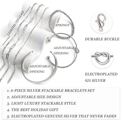 6Pcs Gold Bangle Bracelets for Women 14K Gold Plated Non Tarnish Waterproof Fashion Trendy Stackable Chunky and Thin Bracelet Sets for Women - color: Sliver