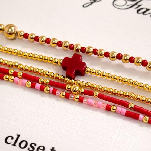 Gold Bracelets for Women, Beaded Cross Stack, Non Tarnish Set，Set-1 | Gold Beaded Bracelet Stack with Stretch Fit, Waterproof Finish and Dainty Design for Everyday Wear and Gifts - color: Colors-11
