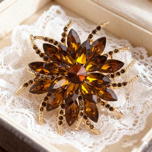 Rinestone Flower Brooch for Women Men Elegant Crystal Rose Flower Lapel Dress Brooches Pin Party Accessories Jewelry - style: Coffee