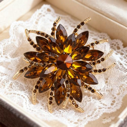 Rinestone Flower Brooch for Women Men Elegant Crystal Rose Flower Lapel Dress Brooches Pin Party Accessories Jewelry - style: Coffee