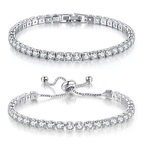 2 Pcs Tennis Bracelets for Women 14K Gold Plated AAA+ Cubic Zirconia CZ Diamond Classic Adjustable Slider Bracelet Fashion Jewelry Wedding Gift Size 6.5-7.5 Inch - color: Silver, size: 7.0 Inches