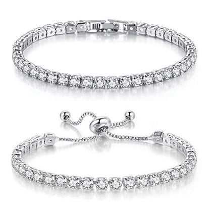 2 Pcs Tennis Bracelets for Women 14K Gold Plated AAA+ Cubic Zirconia CZ Diamond Classic Adjustable Slider Bracelet Fashion Jewelry Wedding Gift Size 6.5-7.5 Inch - color: Silver, size: 7.0 Inches