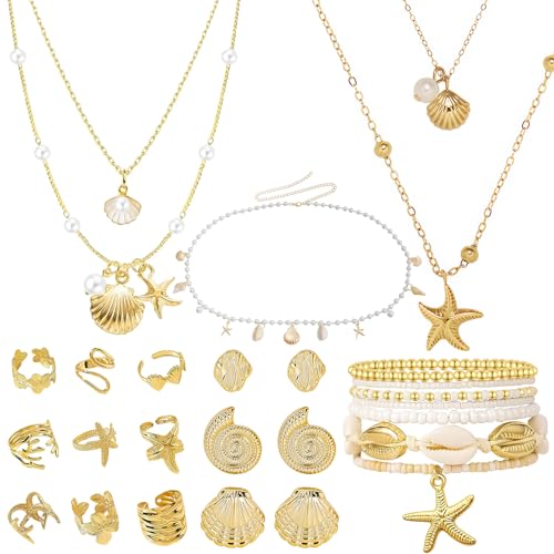 Boho Beach Jewelry Sets for Women | Summer Seashell Starfish Accessories, Necklace, Earrings, Rings Anklet - style: 24pcs Ocean Beach Set