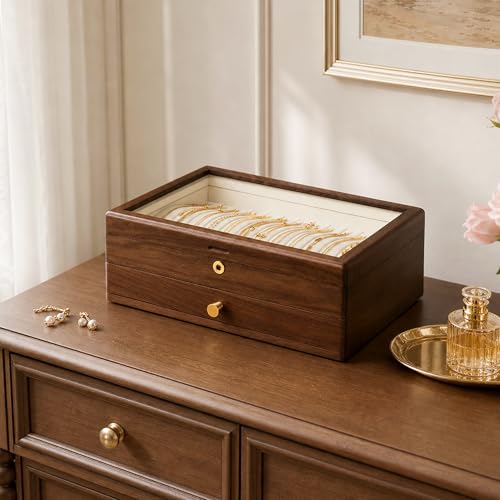 Black Walnut Lockable Necklace Box, Wooden Jewelry Organizer Case for Women | 2 Layer, Drawer, Solid Wood, Lock Key, Necklace Holder, Jewelry Display, Glass Lid, Handcraft, Velvet Line, Gift for Girl Mom - color: 2 Layer Full Lock Necklace Box