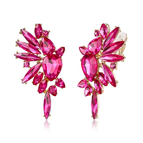 EVER FAITH Vintage Rhinestone Statement Earrings, Fashion Bling Colorful Marquise Drop Crystal Cluster Dangle Clip-on Earrings for Women - color: Hot Pink Gold-Tone