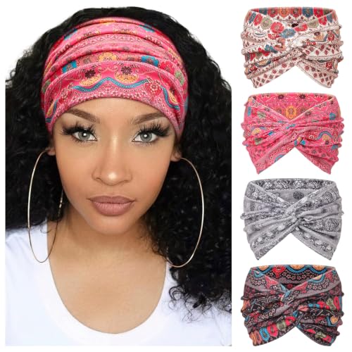 DRESHOW 4 Pack Turban Headbands for Women Wide Vintage Head Wraps Knotted Cute Hair Band Accessories - color: 4 Pcs With Boho Print: Coral Pink, Coffee, Beige, Grey Paisley