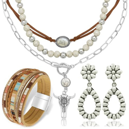 RechicGu Western Jewelry For Women Bohemian Turquoise Dangle Earrings Necklace Bracelet Set, Bullhead Pendant Layered Choker Boho Faux Leather Wristband Country Concert Cowgirl Accessories - color: White Turquoise Set