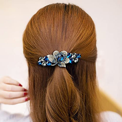 Flower Jewelry Design Hairpin Luxury Rhinestone Hair Barrette Clip Gorgeous Hair Accessories for Women(Deep Blue) - color: Deep Blue