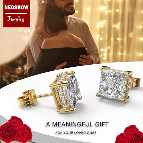 Princess Cut Cubic Zirconia Stud Earrings for Men Women | Square CZ Simulated Diamond Studs, 18K White Gold Plated Sterling Silver, Hypoallergenic - color: Gold, size: 8MM