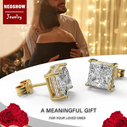 Princess Cut Cubic Zirconia Stud Earrings for Men Women | Square CZ Simulated Diamond Studs, 18K White Gold Plated Sterling Silver, Hypoallergenic - color: Gold, size: 8MM