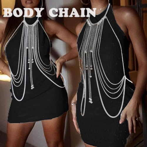 CanB Body Chain Necklace Flower Lace Body Chain Layered Tassel Body Crossover Harness Sexy Body Accessories for Women and Girls