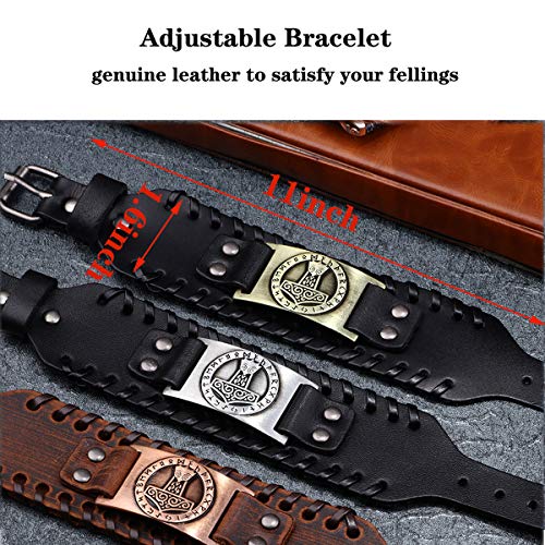 GelConnie Viking Bracelet Punk Leather Cuff Bracelet Gothic Leather Wristband Bracelet with Nordic Amulet Scandinavian Talisman Celtic Pagan Jewelry - color: Black Mjolnir