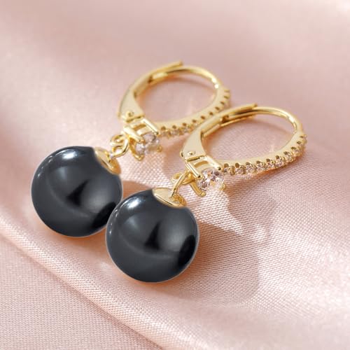 Jiamiaoi Pearl Dangle Earrings 925 Sterling Silver Pearl Earrings for Women 10mm White/Black Pearls - color: A4-Yellow