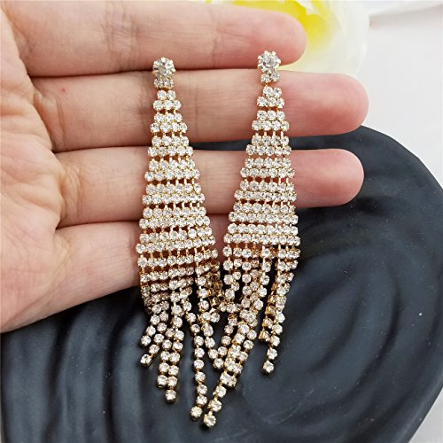 SELOVO Fashion Wedding Bride Women Long Tassel Link Fringe Dangly Earrings Clear Crystal - color: Gold