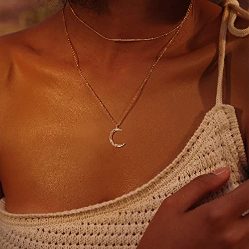 Fettero Pendant Necklace Gold Choker Layered Coin Open Karma Circle Full New Crescent Moon 14K Gold Plated Simple Dainty Necklaces for Women Jewelry Gift - style: Crescent Moon / 2 Layer