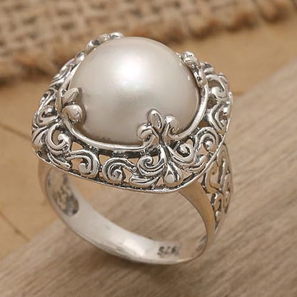 NOVICA Artisan Handmade Mabe Cultured Freshwater Pearl Cocktail Ring .925 Sterling Silver Floral Motif White Indonesia Birthstone 'White Lunar'