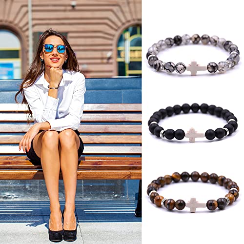 Beaded Bracelets Cross Bracelet for Women Men Lava Rock Turquoise Tiger Eye Natural Bracelet Anxiety Healing - color: 6 Pcs- white cross