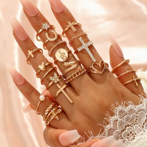Gold Rings for Women Non Tarnish Stackable Rhinestone Moon Star Rings Dainty Stacking Pearl Butterfly Midi Pinky Thumb Joint Finger Knuckle Ring Set Gold Non Tarnish Jewelry Gifts Trendy Stuff - color: I Gold Stackable Rings 22Pcs