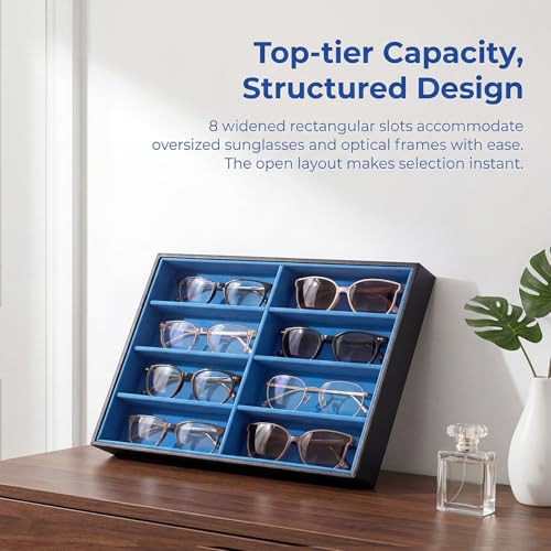 Stratalife 8 Grids Drawer Sunglasses Organizer Tray, Blue PU Velvet | Stackable Eyeglasses Storage Case with Removable Dividers, Jewelry Display Case for Necklace Bracelet, 13.78x9.5x1.2inch - color: Blue