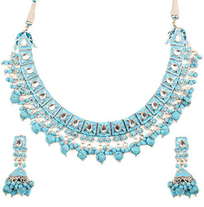 Touchstone Indian Bollywood Traditional Craftsmanship Mughal Designer Jewelry Wedding Necklace Set in Antique Gold Or White Tone for Women. - style: D001 Turquoise