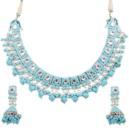 Touchstone Indian Bollywood Traditional Craftsmanship Mughal Designer Jewelry Wedding Necklace Set in Antique Gold Or White Tone for Women. - style: D001 Turquoise