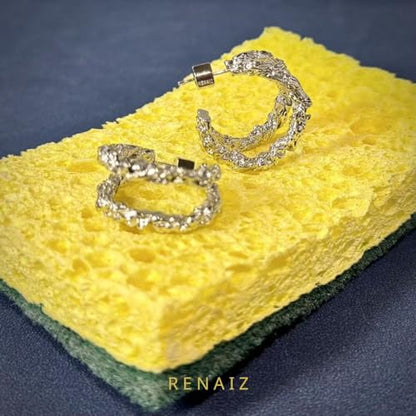 RENAIZ Bold Statement Hoop & Stud Earrings for Women – 14K Gold & Rhodium Plated Maximalist Jewelry, Chunky Geometric Boho Earrings, Hypoallergenic Non-Tarnish Trendy Gift - color: White Gold, style: Lava Chunky