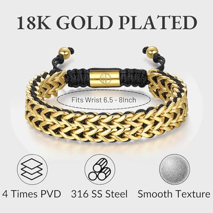 18K Gold-Plated Bracelets for Men Franco Link Chain Adjustable | Stainless Steel Bracelet, Gold Beads Bracelet, Handcrafted Braided, Mens Jewelry Birthday Gift for Men - color: Metallic Gold