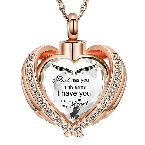 shajwo Cremation Heart Urn Necklace Ashes Jewelry for Women Men Keepsake Pendant Memorial Locket Ash Holder - color: Wing-G Rose Gold White