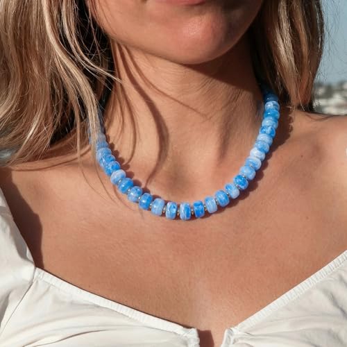 Chunky Colorful Choker Necklace for Women - Summer Beach Round Resin Beads Necklace, Trendy Statement Summer Beach Jewelry Birthday Gifts for Vacation Holiday - color: 14mm Blue Beads