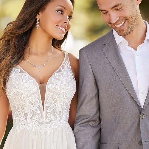EleQueen Women's Simulated Pearl Wedding Jewelry Set for Brides | Cubic Zirconia Necklace Earrings Bracelet Set for Brides Bridesmaids, Bridal Jewelry Set for Anniversary/Memorial Day - style: Pearl Jewelry Set Silver-Tone