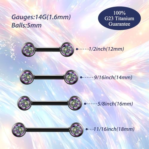 FUNLMO 2pcs Nipple Piercing Jewelry Titanium Nipple Rings Internally Threaded Tongue Rings Bridge Piercing Jewelry Nipple Barbells 14G 12-20mm - color: Black,Vitrail Medium CZ